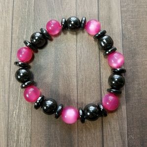 Magnetic hematite and pink bead bracelet